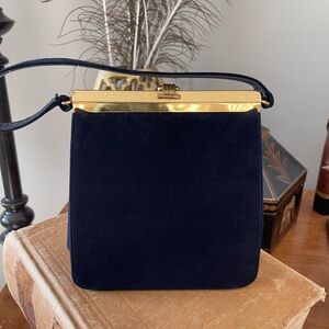 Vintage Wilcof Black Suede Handbag Gold Frame Top Handle Evening Bag